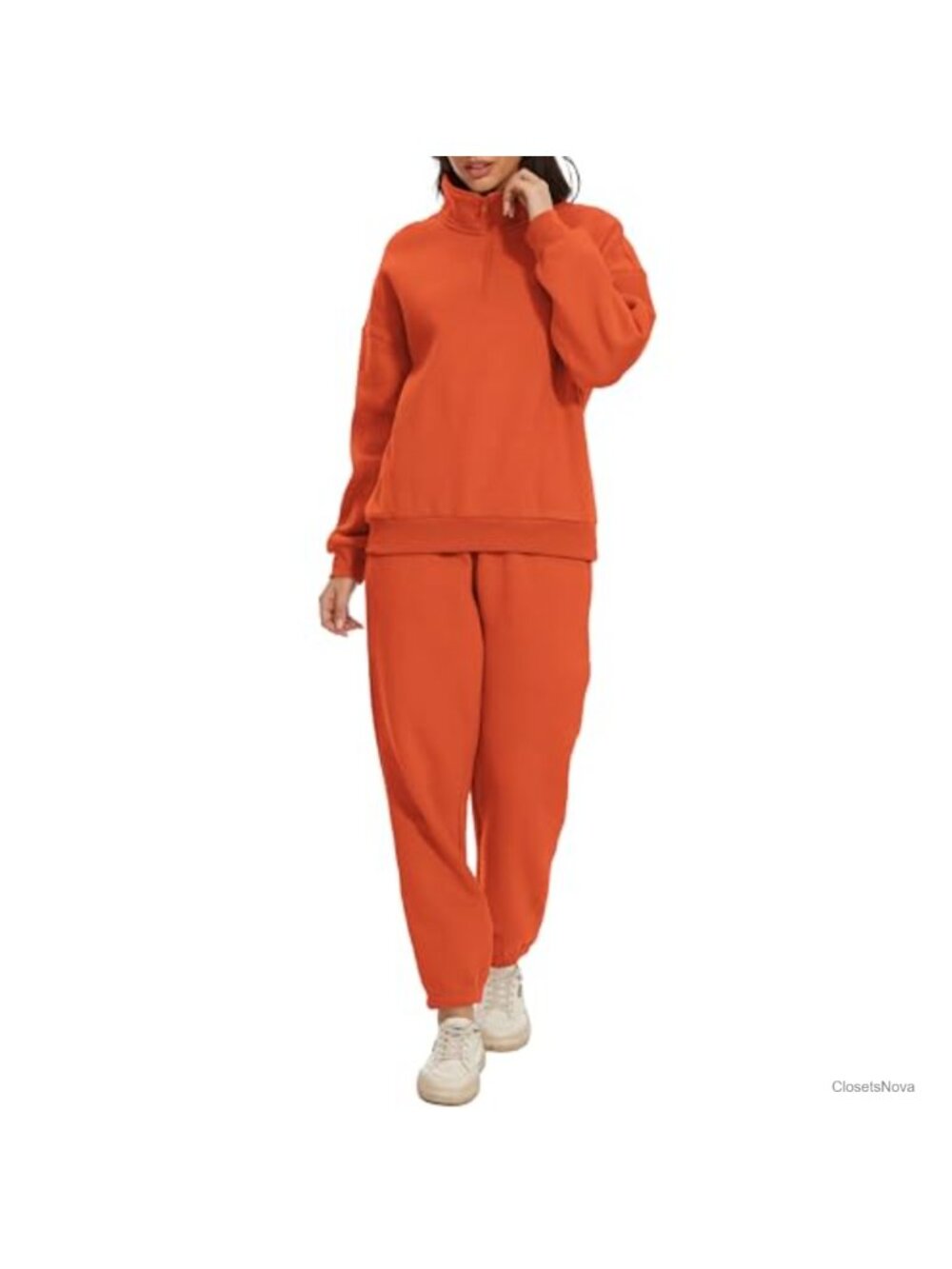 Oversized Half Zip Sweatshirt & High Waist Pants Set Fleece Lined